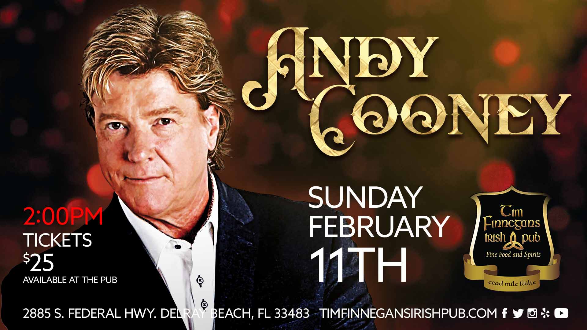 Andy Cooney - Feb 11th 2024 2PM - Tickets $25- Available at the pub