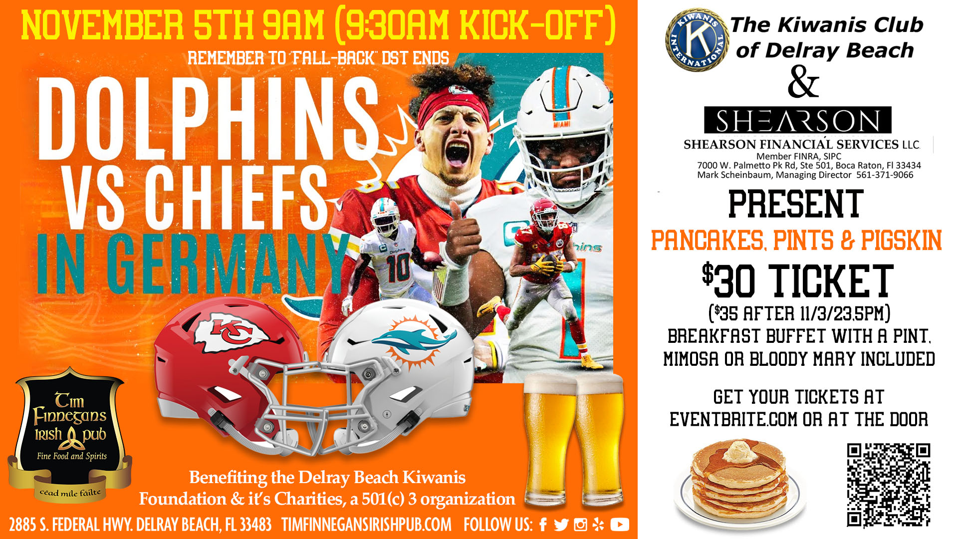 The Delray Beach Kiwanis Club & Searson Financial Services, LLC present Pancakes, Pints & Pigskin! Dolphins v. Chiefs in Germany