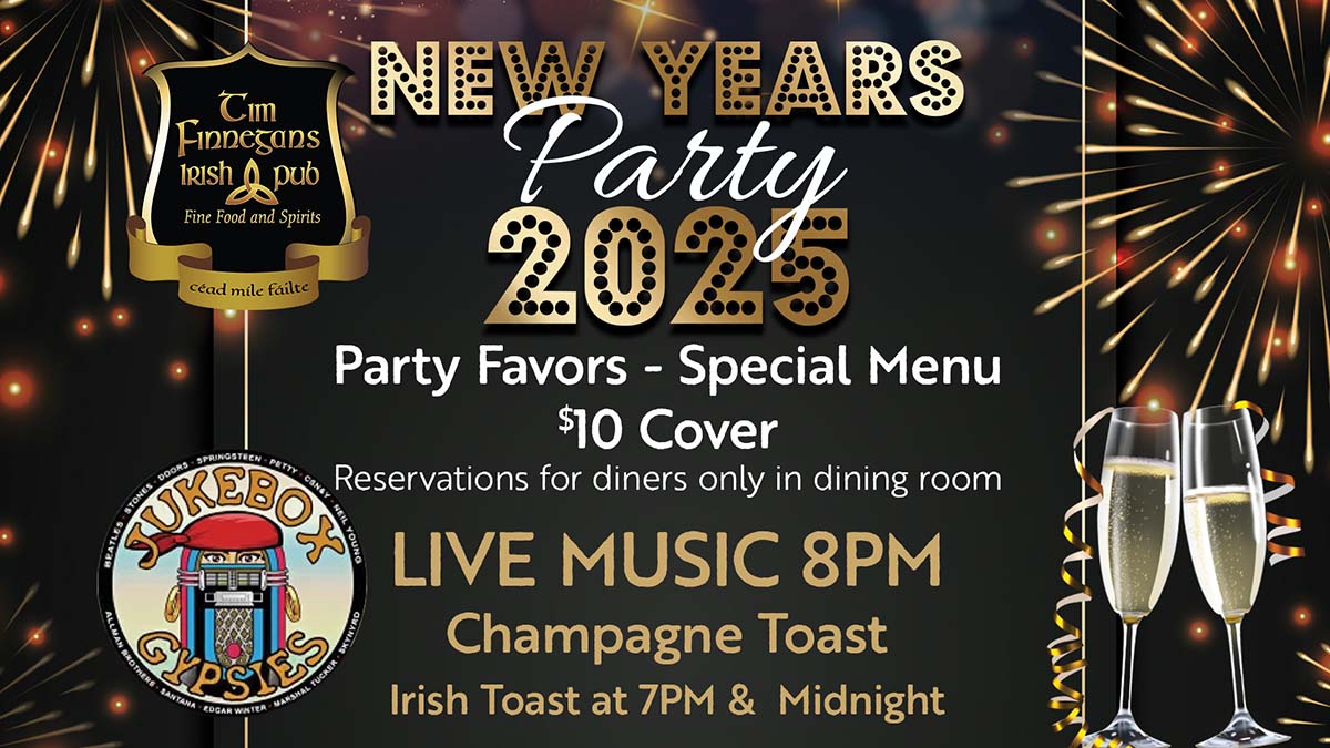 New Years Eve Party 2025 - Live Music, Special Menu, Party Favours, Champagne Toasts at 7Pm - Ireland Time & Midnight - $10 cover